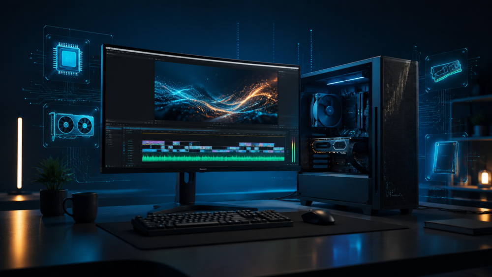 動画編集用PCと動画編集画面
