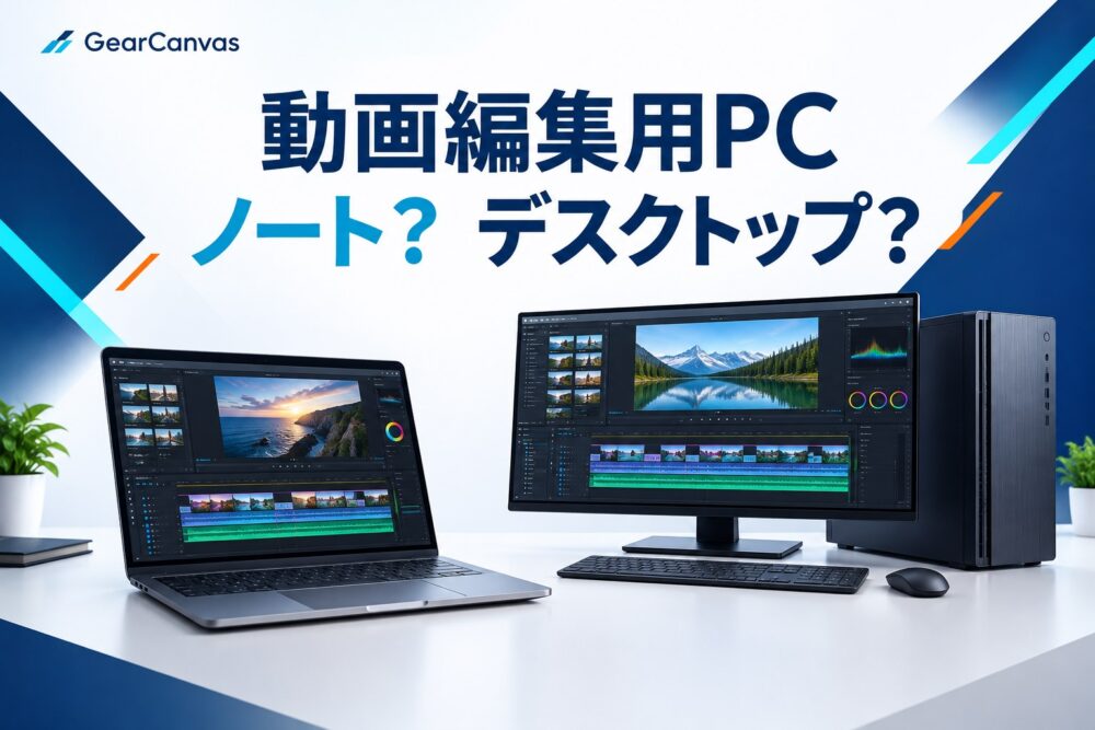 動画編集用のノートPCとデスクトップPCを並べたGearCanvasの比較記事アイキャッチ