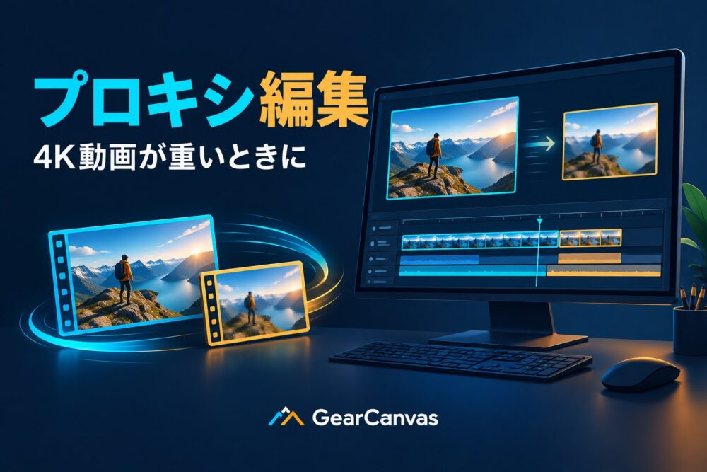 プロキシ編集をイメージした動画編集モニターと、元素材・軽量コピーを表すイラスト